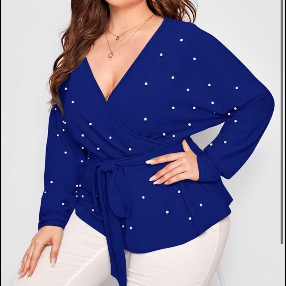 Plus Size Blue Pink Pearls Beads Surplice Top Blouse